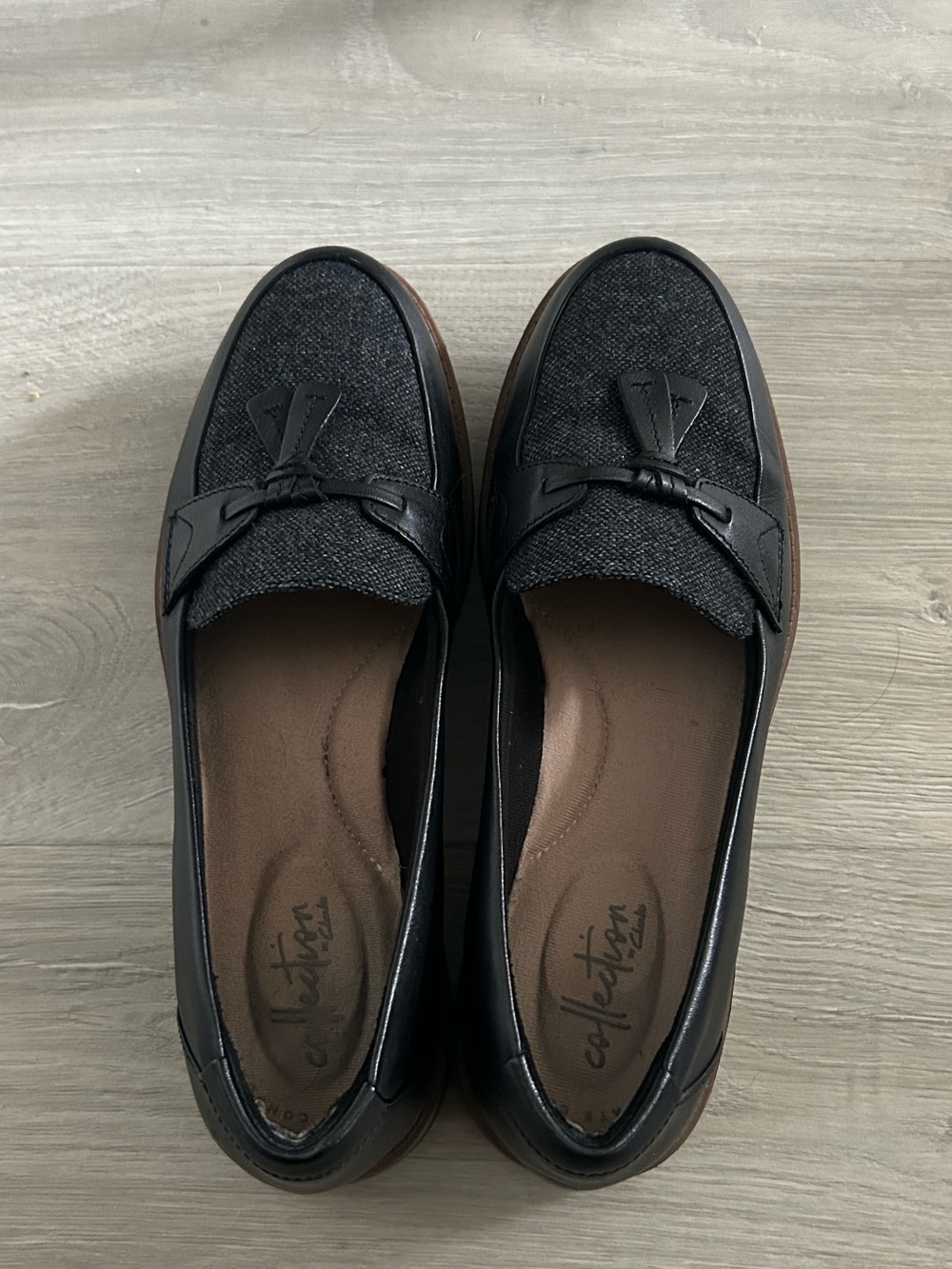 Clarks Women's Black Loafers with Grey Tweed Upper
